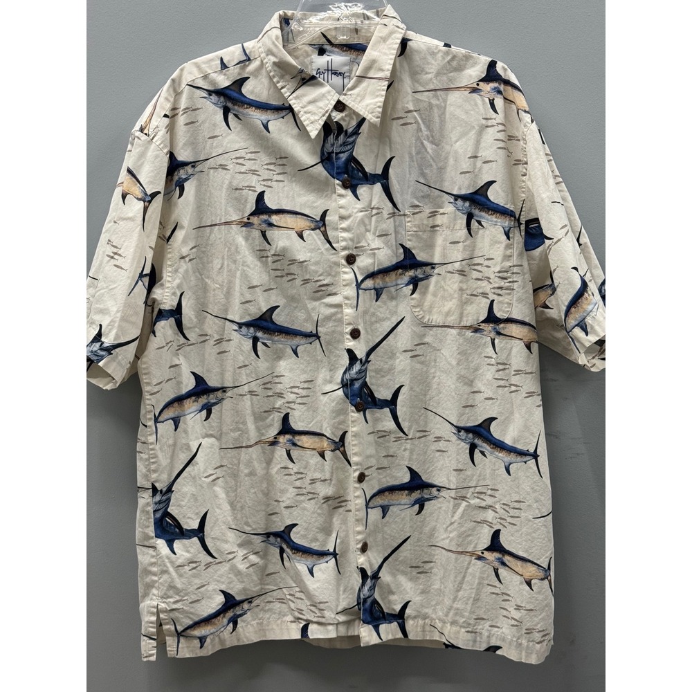 Guy Harvey by AFTCO Button Down Shirt Mens XL Beige Marlin Fish Short Sleeve